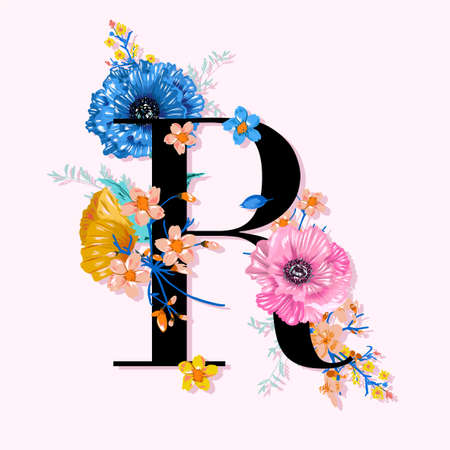 Alphabet " R" with beautiful botanical Blooming floral soft and gentle vector EPS10, Design for fashion,fabric,T-shirt,card ,wedding and all graphic type on light pink color backgroundのイラスト素材
