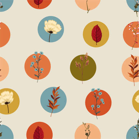 Colorful geometric circle with botanical and wild floral retro style seamless patternのイラスト素材