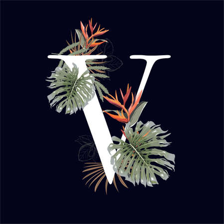 Alphabet " V" with Tropical monstera ,plants foliage and exotic tropical flowers bird of paradiseのイラスト素材