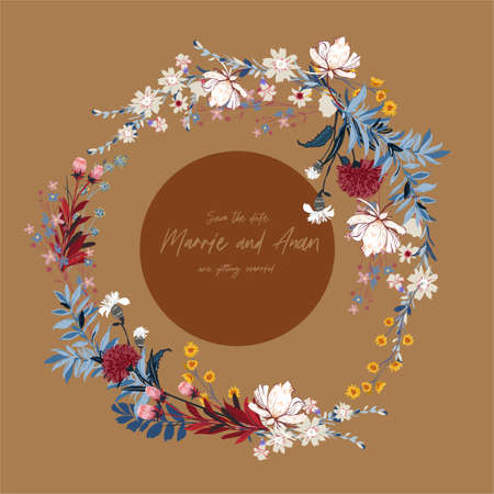 Vector Blooming floral round banner with different kind of garden flowers. Romantic luxurious mood and tone design for Card,wreath ,Wedding invitations ,web banner,natural cosmetics, women products cover, and all graphic type.のイラスト素材