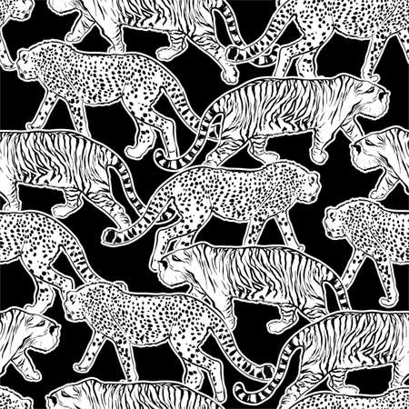 Hand drawn lind sketch Tiger and Leopard cheetah balck and white seamless pattern,Design for fashion , fabric, textile, wallpaper, cover, web , wrapping and all prints on blackのイラスト素材