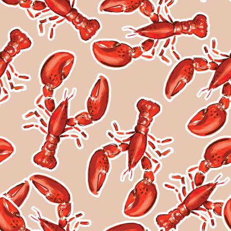Beautiful Seamless pattern summer Red lobster mediterranean Design for fashion fabric,wallpapre,webpage on light orange in hand drawn style.のイラスト素材
