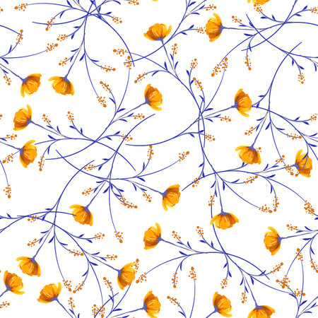 Beautiful and trendy Seamless Pattern hand drawn yellow blooming meadow flowers, Botanical Floral Decoration Texture. Vintage Style Design for Fabric Print, Wallpaper Background.のイラスト素材