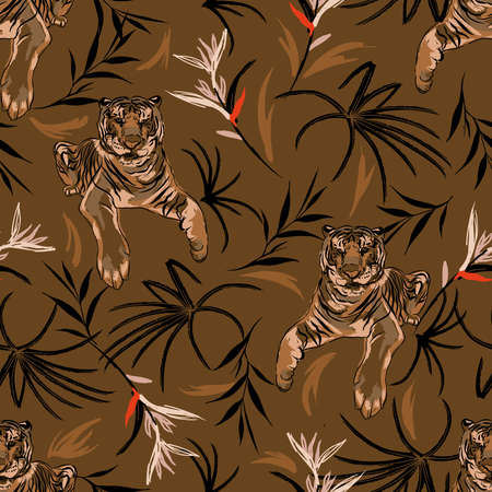 Hand drawn Seamless pattern with tigers and tropical vibes ,exotic plants and bird of paradise florwer Illustration vector design,Design for fashion , fabric, textile, wallpaper, cover, web , wrapping and all prints on brown colorのイラスト素材