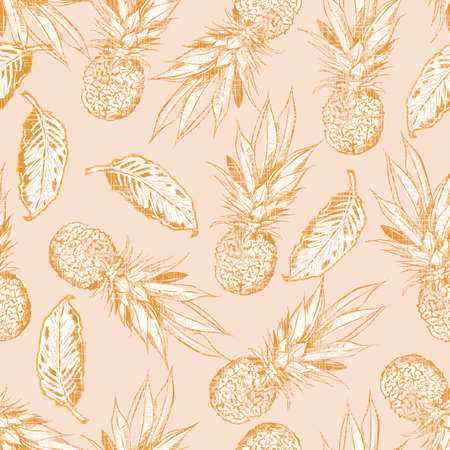 Retro hand drawn pineapple and  summer foliage with vintage texture seamless patternのイラスト素材