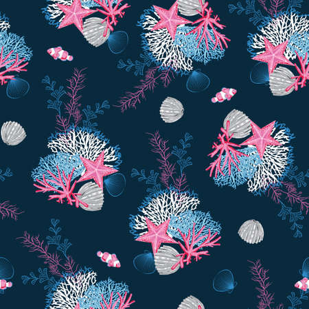 Beautiful Underwater Marine seamless pattern vector hand drawn coral with sea shells, starfish, mollusk Design for fashion , fabric, textile, wallpaper, cover, web , wrapping and all prints on navy blueのイラスト素材