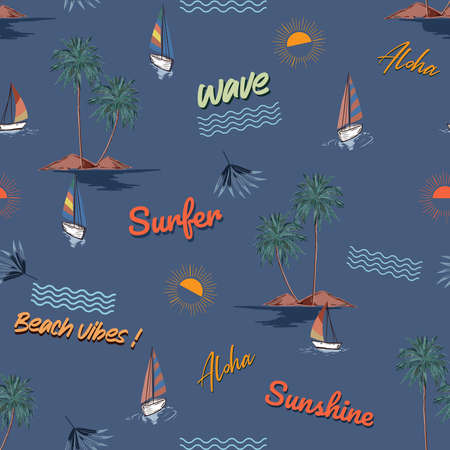 Summer conversational beach island ,wave ,elements seamless pattern ,vector ,Design for fashion , fabric, textile, wallpaper, cover, web , wrapping and all prints on dark ocean blueのイラスト素材