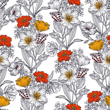 Beautiful line sketch of Blooming floral Botanical plant ,Flower background seamless pattern,Design for fashion , fabric, textile, wallpaper, cover, web , wrapping and all prints on whiteのイラスト素材
