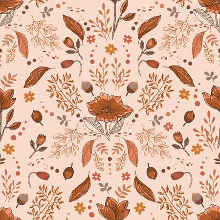 Cozy Autumn mood of floral seamless pattern illustration vector EPS10 with branches leaf berries,dry flower,nuts .Design for fashion , fabric, textile, wallpaper, cover, web , wrapping and all printsのイラスト素材