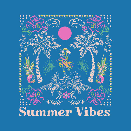 Beautiful vector of Hawaii summer island relax vibes ,palm, tree, ocean,wave,hibiscus flowern,beach...