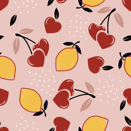 Summer Cherry and Lemon fruits seamless pattern Vector EPS 10,Design for fashion , fabric, textile, wallpaper, cover, web , wrapping and all prints on vintage Pinkのイラスト素材