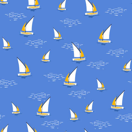 Summer Seamless vector pattern Modern  sailing yachts and ocean waves . Design for fashion , fabric, textile, wallpaper, cover, web , wrapping and all prints on sky blueのイラスト素材