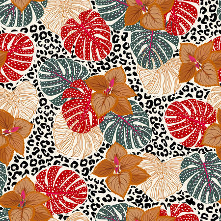 Stylish beautiful tropical forest print on leopard background seamless pattern vector EPS10, Design for fashion , fabric, textile, wallpaper, cover, web , wrapping and all printsのイラスト素材