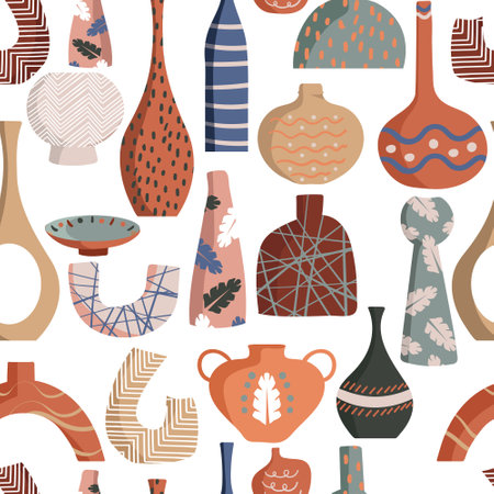 Seamless Pattern Modern ceramic vases with abstract various doodle shapes , Minimalist antique ceramic pottery for interior. Vector illustration ,Design for fashion , fabric, textile, wallpaper , wrapping and all printsのイラスト素材
