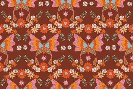 Retro 1970 Groovy Flowers,Seamless Pattern Hand-Drawn Vector Illustration. Seventies Style, Groovy Peace ,rippy Grid, Wavy Swirl ,Design for fashion , fabric, textile, wallpaper, wrapping and all printsのイラスト素材