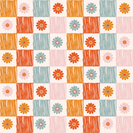 Retro 1970 Groovy Flowers,Seamless Pattern Hand-Drawn Vector Illustration. Seventies Style, Groovy Peace ,rippy Grid, Wavy Swirl ,Design for fashion , fabric, textile, wallpaper, wrapping and all printsのイラスト素材