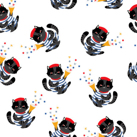 Cute Party Cat Birthday theme  seamless pattern Vector illustration , Design for fashion , Kids, Child ,fabric, textile, wallpaper, cover, web , wrapping and all printsのイラスト素材