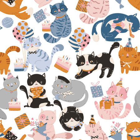 Cute Party Cat Birthday theme  seamless pattern Vector illustration , Design for fashion , Kids, Child ,fabric, textile, wallpaper, cover, web , wrapping and all printsのイラスト素材
