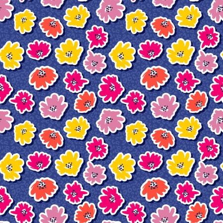 Seamless pattern with colorful flowers on blue background. Vector illustration.のイラスト素材