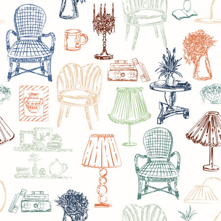 Trendy Hand drawn Cozy Home Decoration seamless pattern illustration vector ,Design for fashion , fabric, textile, wallpaper, cover, web , wrapping and all printsのイラスト素材
