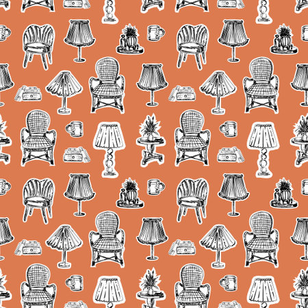 Trendy Hand drawn Cozy Home Decoration seamless pattern illustration vector ,Design for fashion , fabric, textile, wallpaper, cover, web , wrapping and all printsのイラスト素材