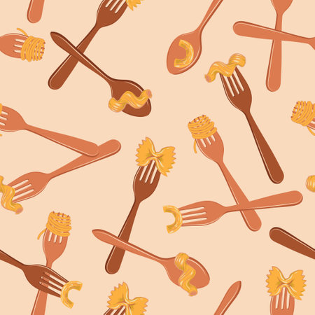 Cute vector fork and spoon with pasta ,spaghetti illustration , noodles seamless pattern ,Design for fashion , fabric, textile, wallpaper, cover, web , wrapping and all printsのイラスト素材