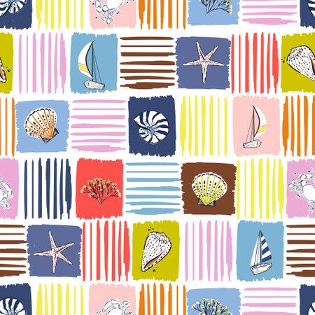 Cute and Colourful summer seamless pattern Vacation Moment with hand drawn Seashells, beach life elements Vector illustration,Design for fashion , fabric, textile, wallpaper, wrapping and all printsのイラスト素材