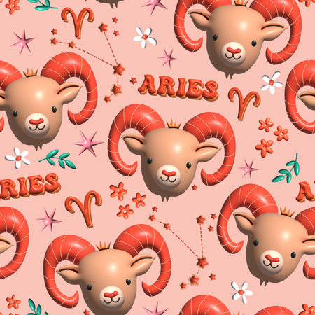 Aries Cute 3D illustration Zodiac signs seamless pattern  , Zodiac icons astrological pattern Horoscope symbols,Design for fashion , fabric, textile, wallpaper,  wrapping and all printsの写真素材