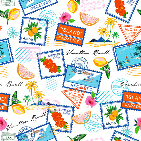 Trendy Summer Vacation Seamless pattern. Travel in Summer Vibes , Stamp , Bird ,Hibiscus flower, banana,beach and ocean vector hand drawn style ,Design for fashion , fabric, textile, and all printsのイラスト素材