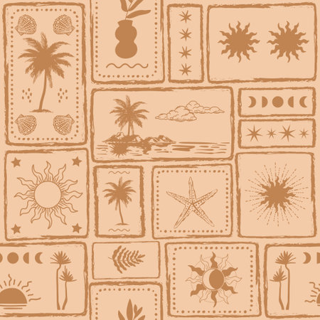 Trendy Summer Bohemian , Boho chic hand drawn style ,Beach Vibes Seamless Pattern Vector Illustration ,Design for fashion , fabric, textile, wallpaper , wrapping and all printsのイラスト素材