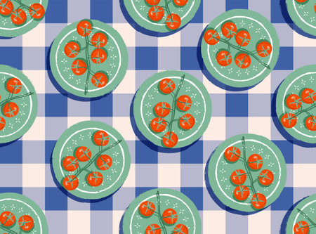 Trendy cute garden Picnic with Tomatoes on checkered Illustration , Vacation Holiday seamless pattern ,Design for fashion , fabric, textile, wallpaper , wrapping and all printsのイラスト素材