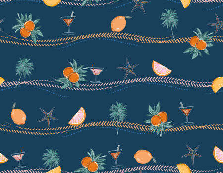Vacation Vibes palmtree ,cocktail and Summer fruits Lemon and Orange on Striped Hand drawn style....