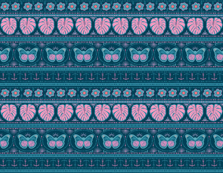 Stylish Tropical Summer Pattern with Hand drawn Monstera, Palm leaves ,Butterfly , Anchor , on Horizontal stripes. Hand drawn illustrations in vector. Design for fabric, textile, wallpaper, and all printsのイラスト素材
