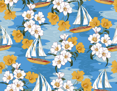 Summer Vibes with Island tropical , Ocean and sail boat , Hibiscus Flower Seamless pattern Vector Illustration ,Design for fashion , fabric, textile, wallpaper , wrapping and all printsのイラスト素材