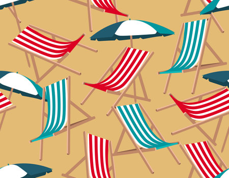 Retro Vector beach seamless pattern. Colorful Lounge chair Travel background with Striped ,Seamless pattern Vector,Design for fashion , fabric, textile, wallpaper , wrapping and all printsのイラスト素材