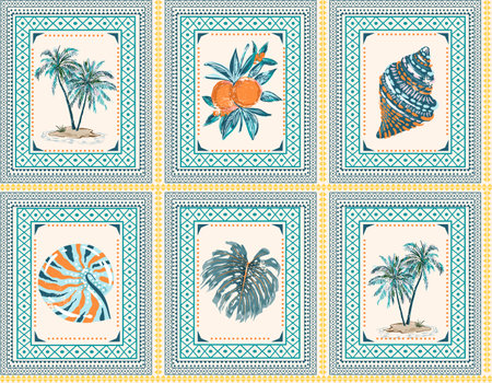 Vintage  Nostalgic summer beach vacation Retro Scarf  mood summer vibes, palm tree, orange,Sea shell Vacation  seamless pattern ,Design for all printsのイラスト素材