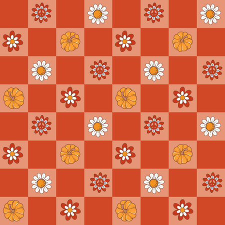 Fall/ Autumn Vibe with 70s groovy hippie retro seamless pattern. Vintage floral vector pattern. Design for fashion , fabric, textile, wallpaper , wrapping and all printsのイラスト素材