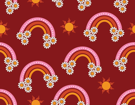 Fall/ Autumn Vibe with 70s groovy hippie retro seamless pattern. Vintage Rainbow floral vector pattern. Design for fashion , fabric, textile, wallpaper , wrapping and all printsのイラスト素材