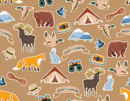 Happy Camper  in forest. with animal and Equipment Weekend, vacation on nature. Seamless pattern Vector illustration Design for fashion , fabric, textile, wallpaper , wrapping and all printsのイラスト素材