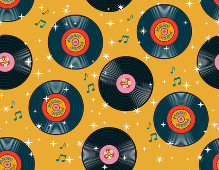 Retro vinyl records seamless vector pattern. Vintage 70s design . Musical repeat Design for fashion , fabric, textile, wallpaper , wrapping and all printsのイラスト素材