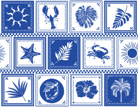 Retro  Tropical  Summer Hand drawn  , Oceans Animal , Leaves ,  Sea shell , Nautical Boat repeat in retro style. Vector art Hand drawn illustration for summer design, print, exotic wallpaper, textile, fabricのイラスト素材