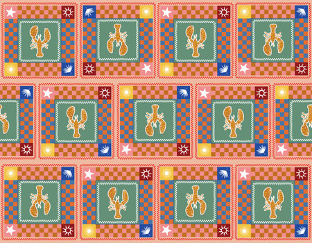 Summer Checkered with Lobster colorful Groovy mood Seamless Pattern Vector Illustration, Design for...