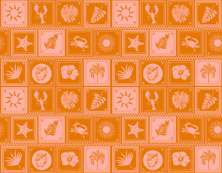 Retro  Tropical  Summer Hand drawn  , Oceans Animal , Leaves ,  Sea shell , Nautical Boat repeat in...