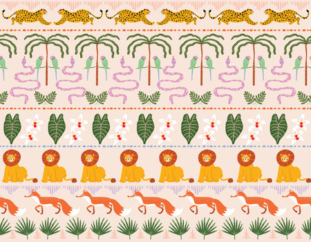 Cute Animal in safari forest Horizontal stripe pattern design as vector Design for Kids , baby fashion , fabric, textile, wallpaper , wrapping and all printsのイラスト素材