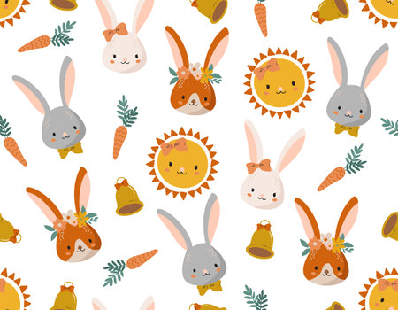 Easter pattern  rabbit bunny, eggs, flowers. Vector Seamless spring seamless background  Baby rabbit animals , Design for fashion , fabric, textile, wallpaper , wrapping and all printsのイラスト素材