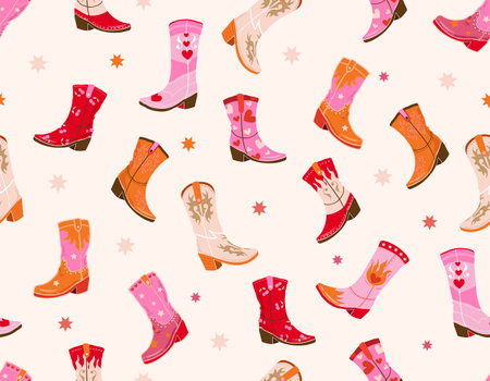 Cute Cowgirl  seamless vector pattern. Howdy Cowboy boots, hat, horseshoe repeating background. Wild West surface pattern design for All fabric and Printsのイラスト素材