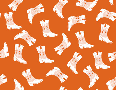Cute Cowgirl  seamless vector pattern. Howdy Cowboy boots, hat, horseshoe repeating background. Wild West surface pattern design for All fabric and Printsのイラスト素材