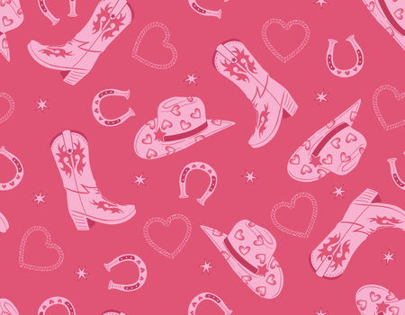 Cute Cowgirl  seamless vector pattern. Howdy Cowboy boots, hat, horseshoe repeating background. Wild West surface pattern design for All fabric and Printsのイラスト素材