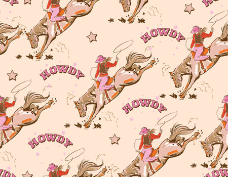 Cute Rodeo Cowgirl  seamless vector pattern. Howdy Cowboy boots, in desert  repeating background. Wild West surface pattern design for All fabric and Printsのイラスト素材