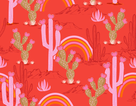 Cute Desert  Cowgirl  seamless vector pattern. Howdy Cowboy  , Rainbow  background. Wild West surface pattern design for All fabric and Printsのイラスト素材